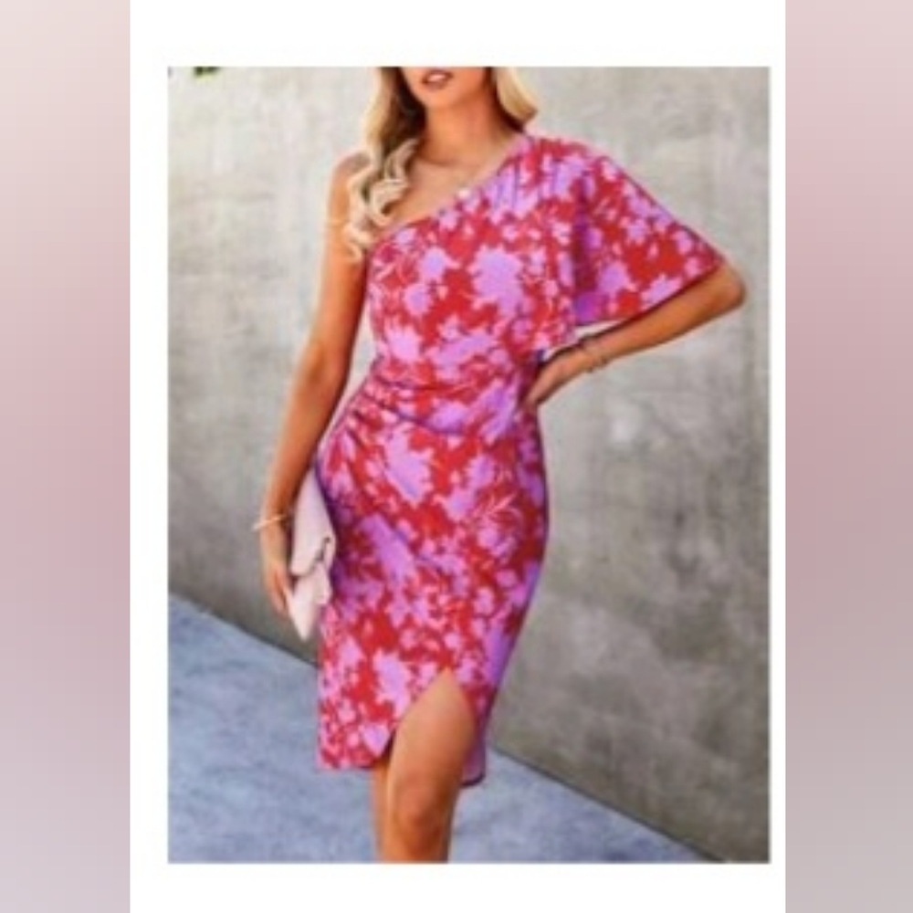 Memorial Day sale! Spring/Summer purplish pink and red one shoulder dress.